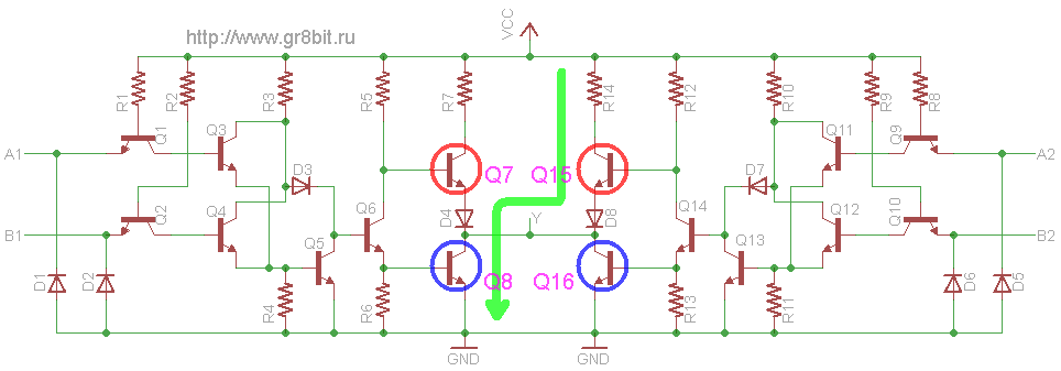 Two SN7432 gates connected by their outputs